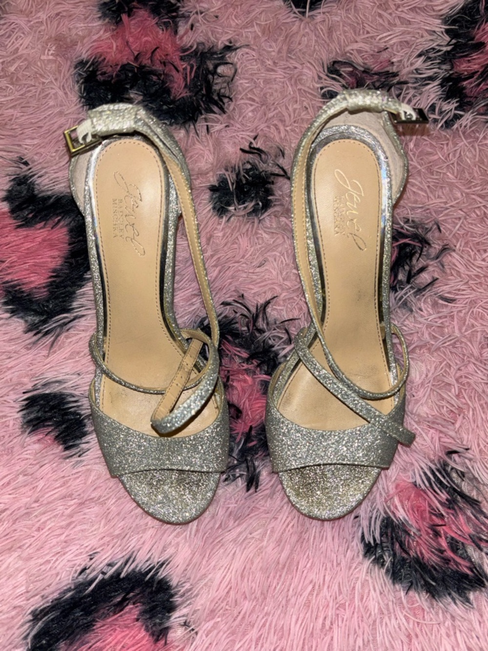 Jewel Badgley Mischka Silver Glitter Platform Sandals
